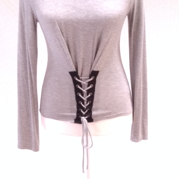 No Boundaries Lace Up Front Long Sleeve Grey Top - Picture 5 of 6